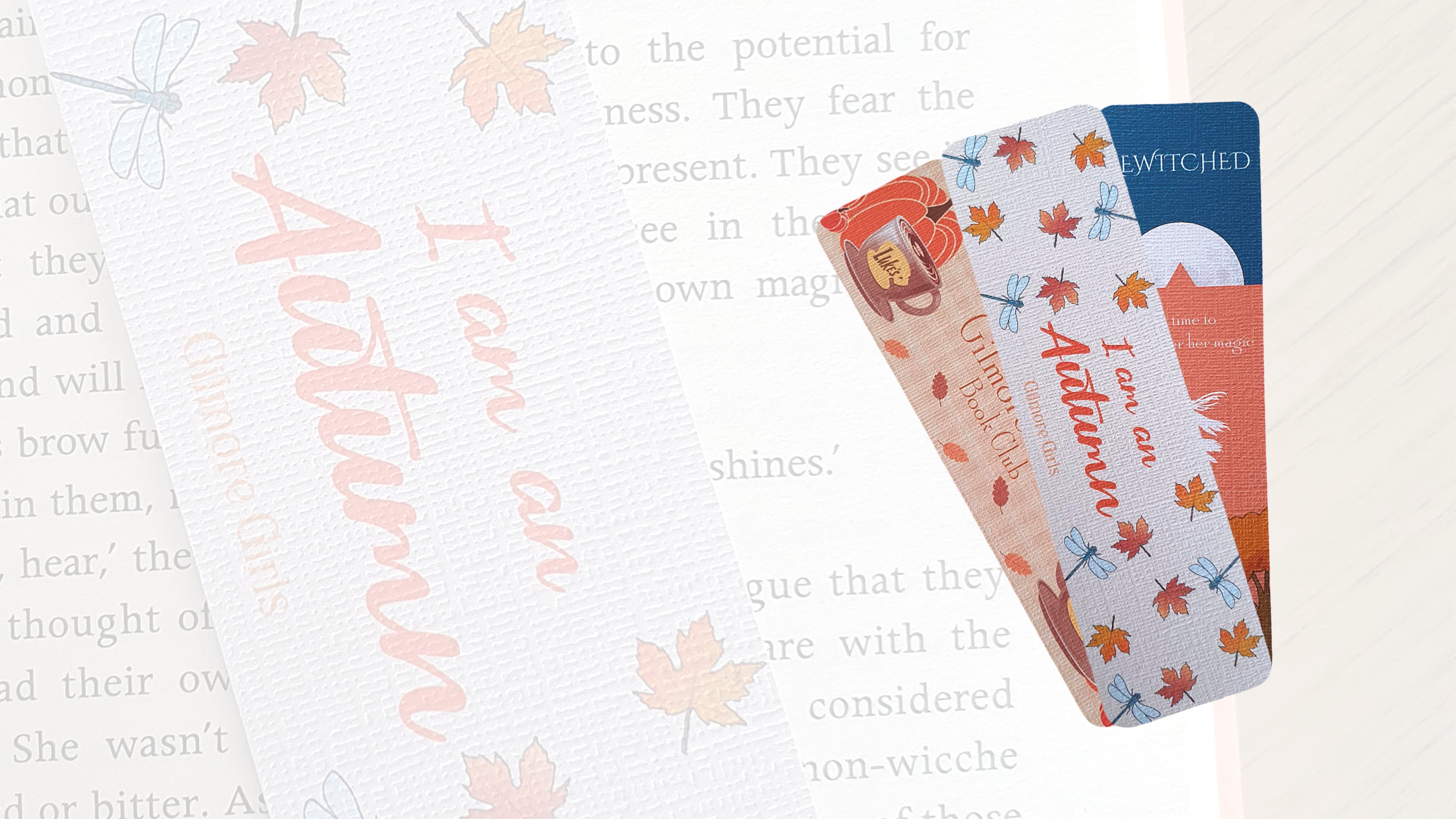 Three autumn-themed bookmarks on a textured background with decorative text and leaves.